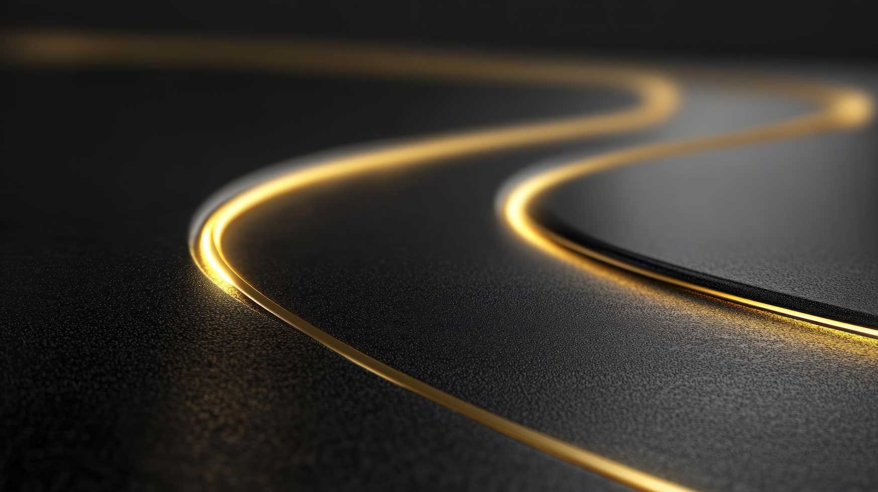 A dark road with a glowing golden light trail winding into the distance